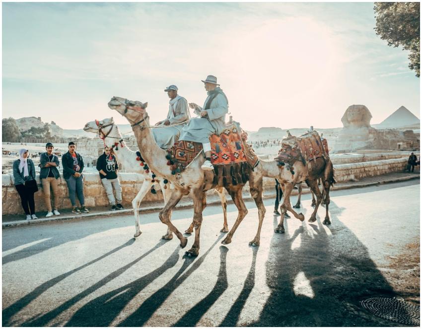 Camel riders in traditional attire at the Great Sp