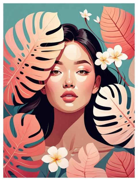 Portrait Woman Monstera Leaves Flowers