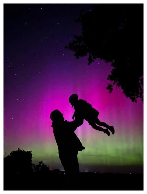 Father And Child Family Silhouette Northern Lights