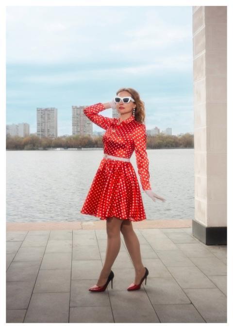 Woman Polka-Dot Dress Retro Vintage