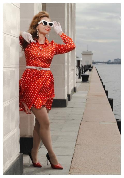 Woman Polka-Dot Dress Retro Vintage