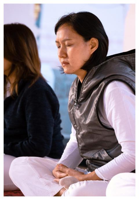 Woman Meditate Temple Devotee