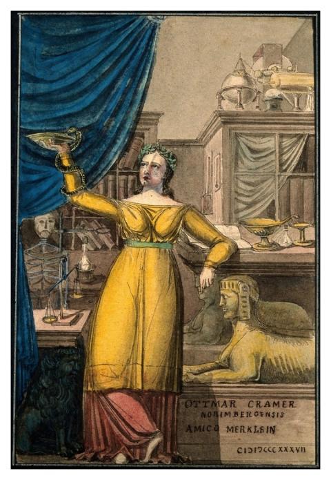 Hygieia, goddess health, scientific cabinet