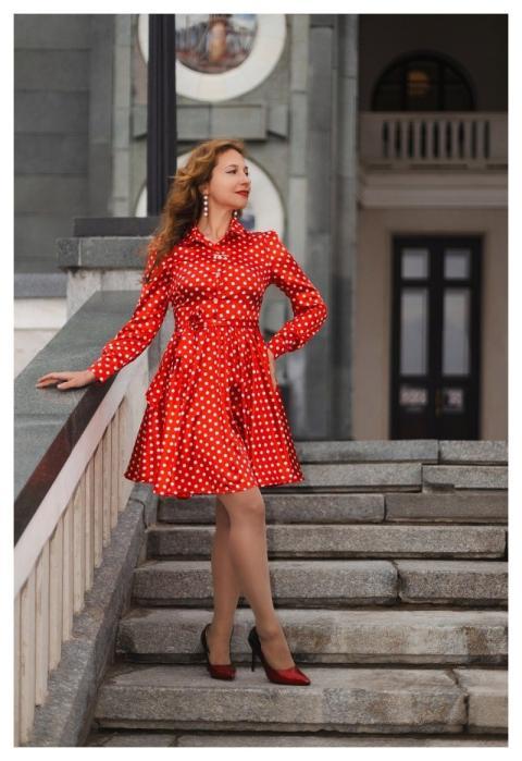 Woman Polka-Dot Dress Retro Vintage
