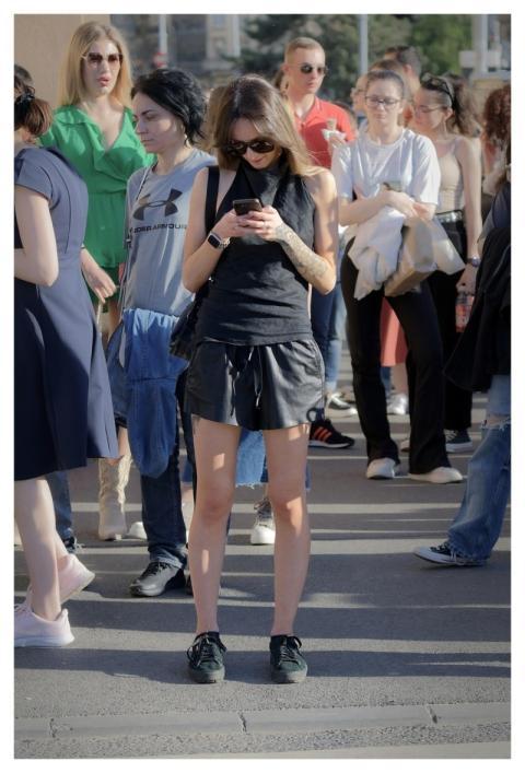 Woman Crowd Smartphone Casual