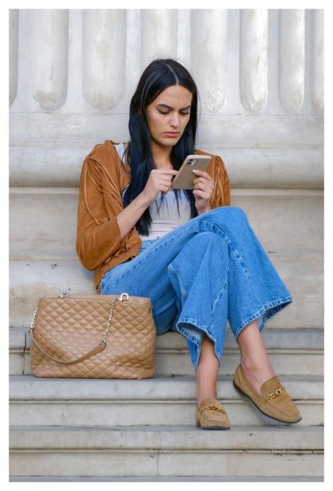 Woman Smartphone Sitting Stairs