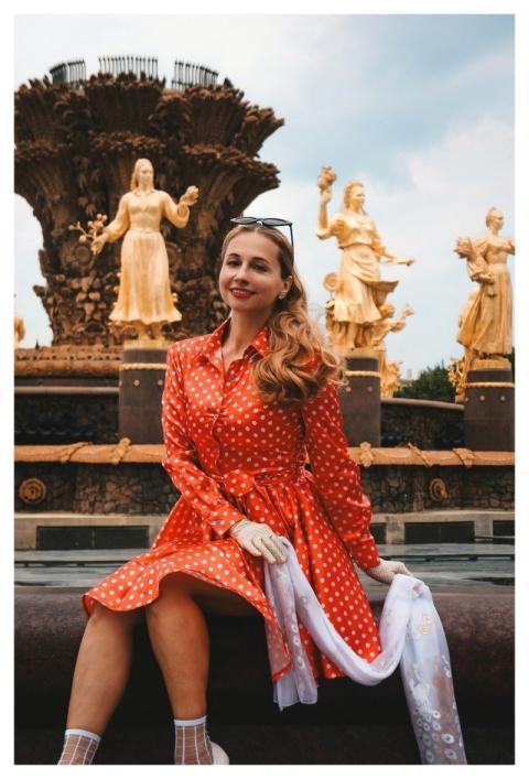 Woman Red Dress Polka Dots Retro