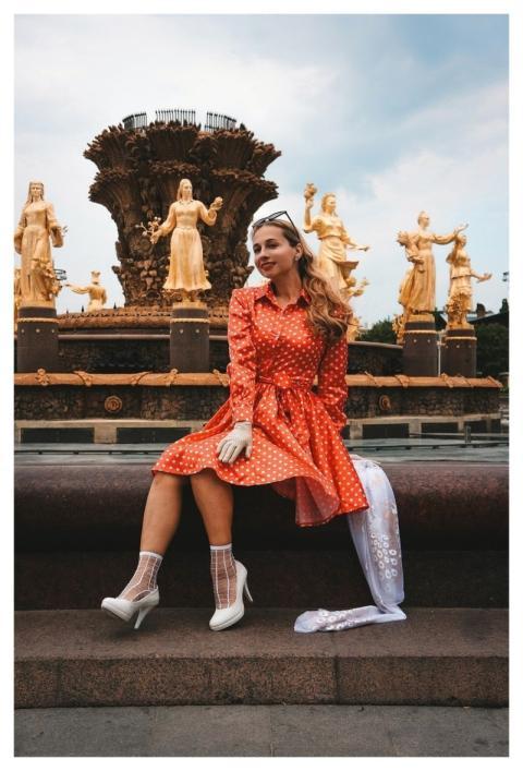 Woman Red Dress Polka Dots Portrait
