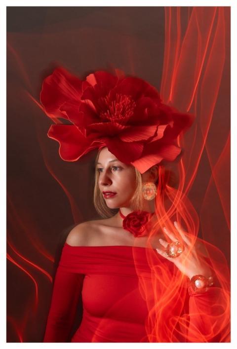 Woman Model Studio Red Hat