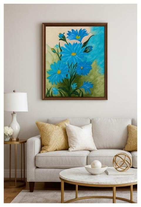 Painting Living Room Blue Flowers Decoration