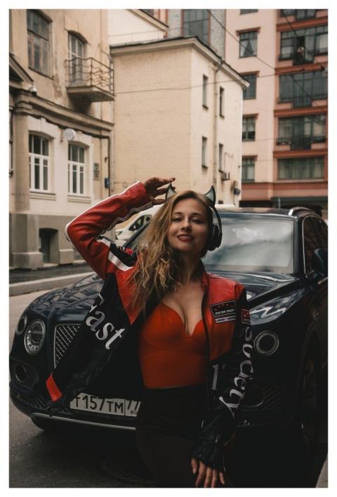 Woman Motorcycle Jacket Horns Music Headphones