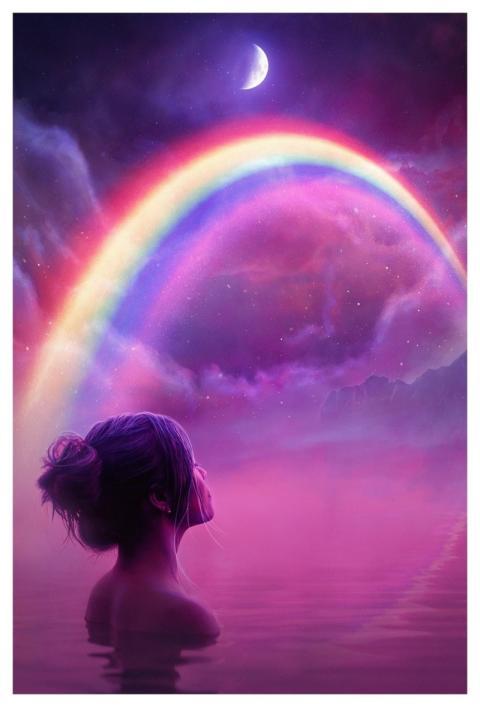 Woman Night Sky Rainbow Stars