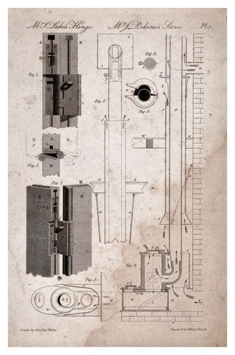 Technology: special hinge, stove. Engraving