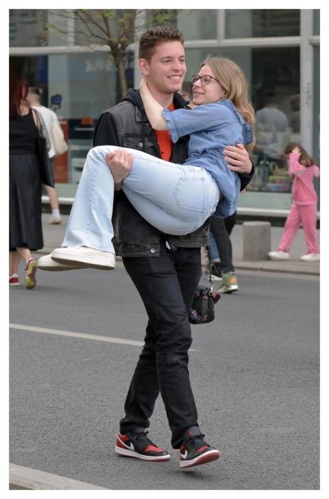 People Couple Carry Promenade