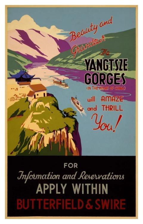 Travel poster showing tourist boats