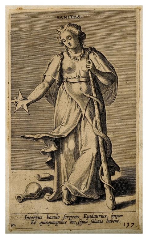 Hygieia, goddess health, holding pentacle