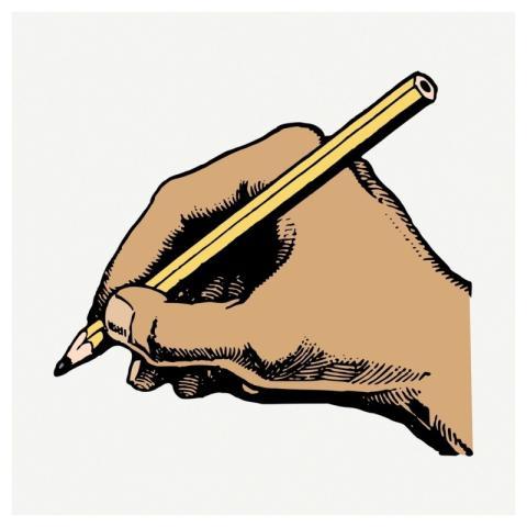 Hand holding pencil sticker, education