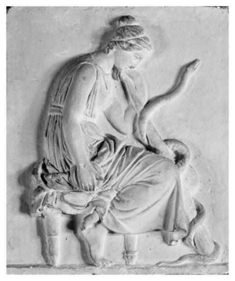 Hygea, goddess health, seated Asclepius'