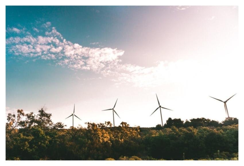 Wind turbines in a lush landscape generating renew