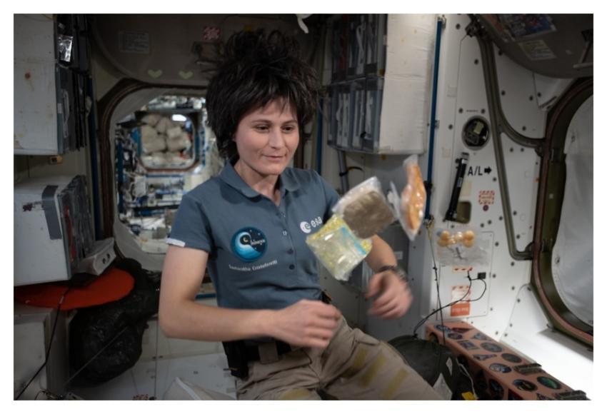 Astronaut Samantha Cristoforetti poses with food p