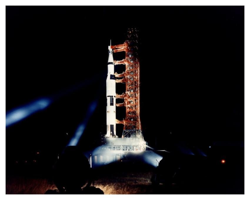 Apollo 11 Saturn V on pad at night