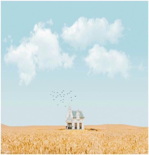 A white house isolated in a golden wheat field, wi