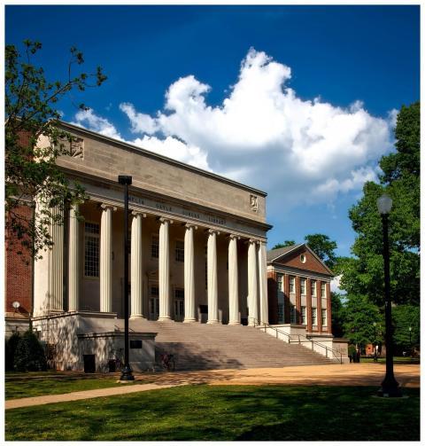 Historic neoclassical university library with colu