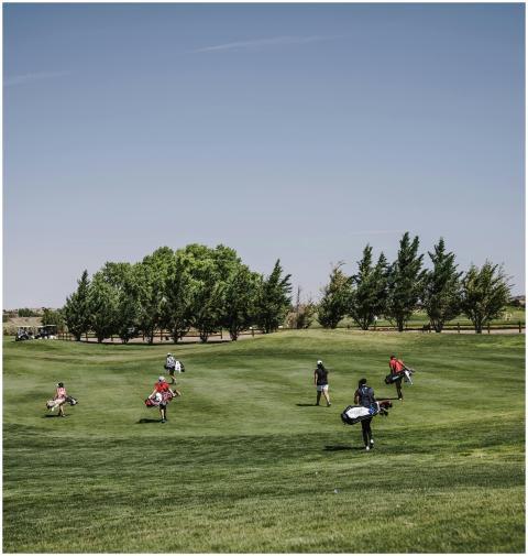 Golfers carrying bags on a lush green course under