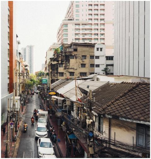 Aerial view of a busy street with traffic and buil