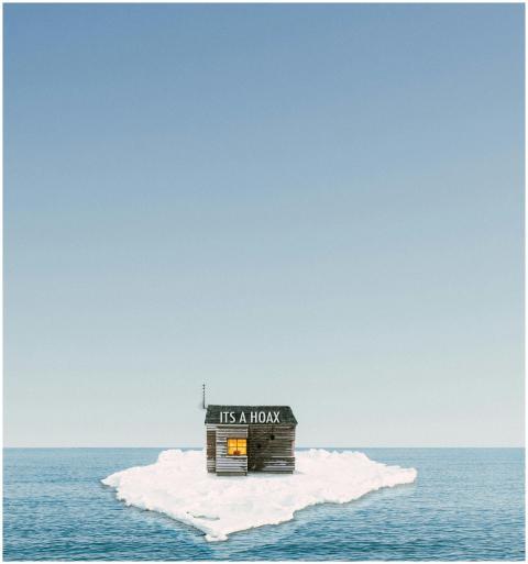 Lonely cabin on iceberg under blue sky, signifying