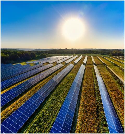 Aerial view of a solar farm in Red Wing, MN, with