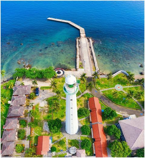 Drone shot of a lighthouse on a tropical coastline