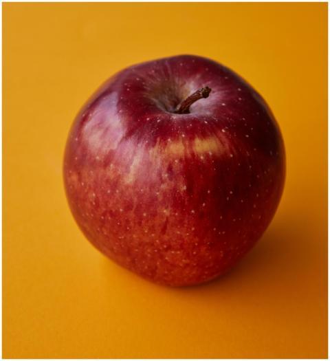 High angle of ripe shiny whole red apple placed on