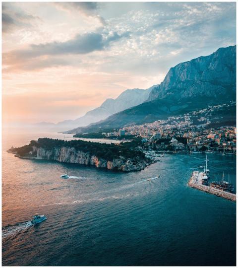 Scenic aerial shot of Makarska, Croatia capturing
