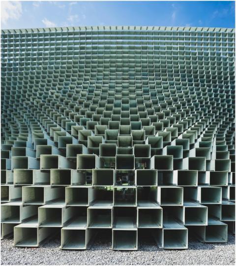 A modern architectural metal structure with geomet