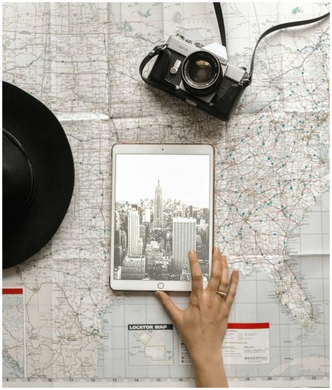 Flat lay of vintage camera, iPad with New York Cit