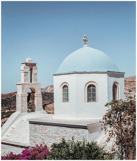 Scenic view of a traditional Greek church with a b