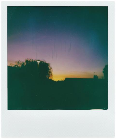 A vintage instant film photo capturing a silhouett