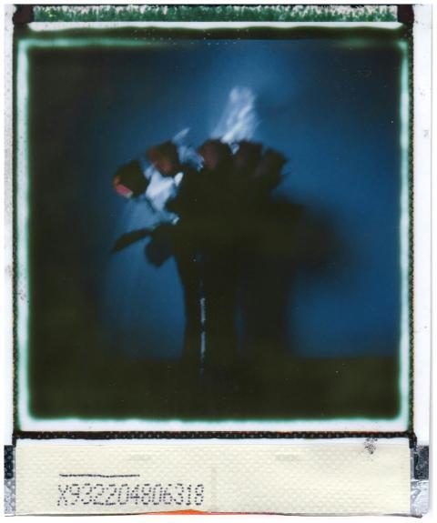 A moody, blue-toned polaroid capturing a blurred b
