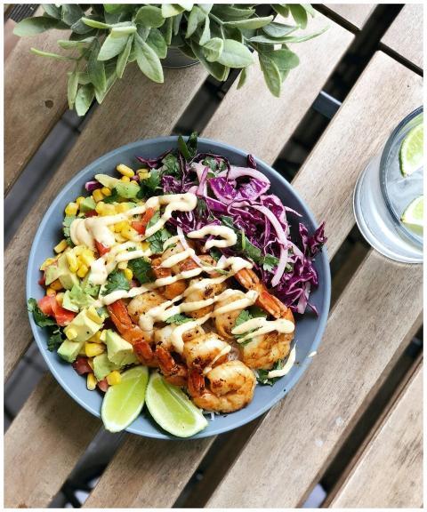 Delicious shrimp salad bowl with vibrant veggies a