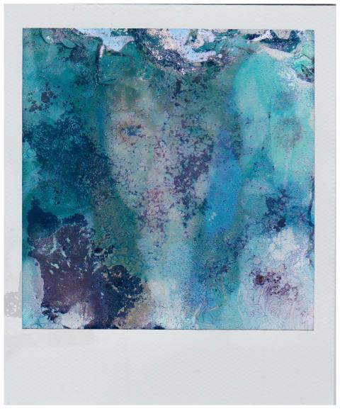 A vibrant abstract artwork featuring oceanic blues