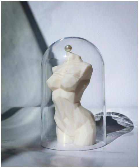 A modern sculpture of a human torso encased in a c