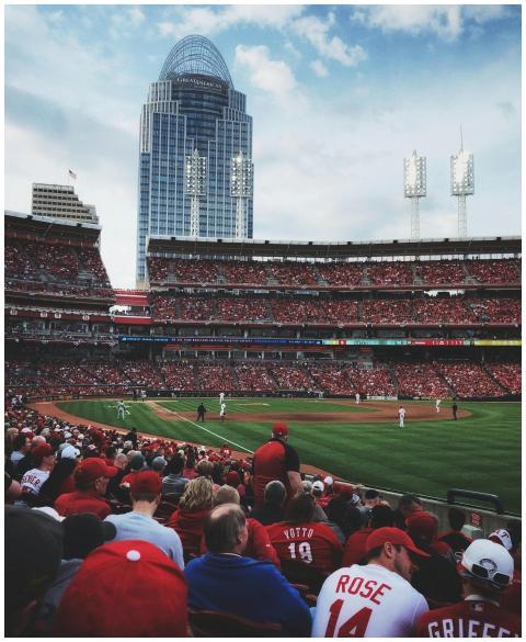 A vibrant scene at a baseball game in Cincinnati w