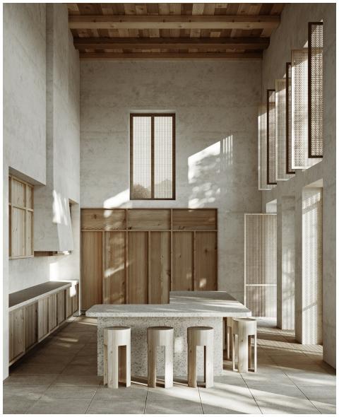 Elegant minimalist kitchen interior with wood acce