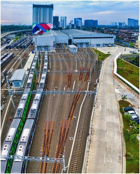 Aerial view of Jakarta train station with trains a