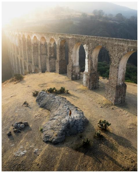 Dramatic aerial view of the Arcos del Sitio aquedu