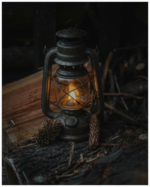 A cozy vintage kerosene lamp illuminating pine con