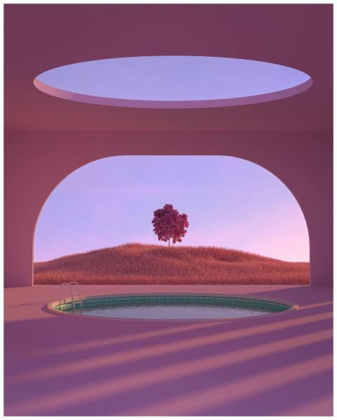Futuristic pink-toned landscape featuring a circul