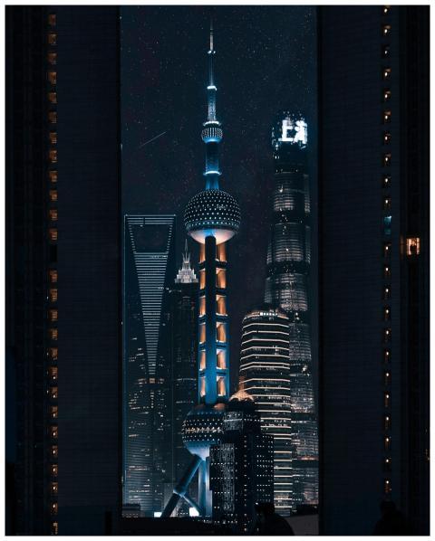 Futuristic skyscrapers of Shanghai illuminated at