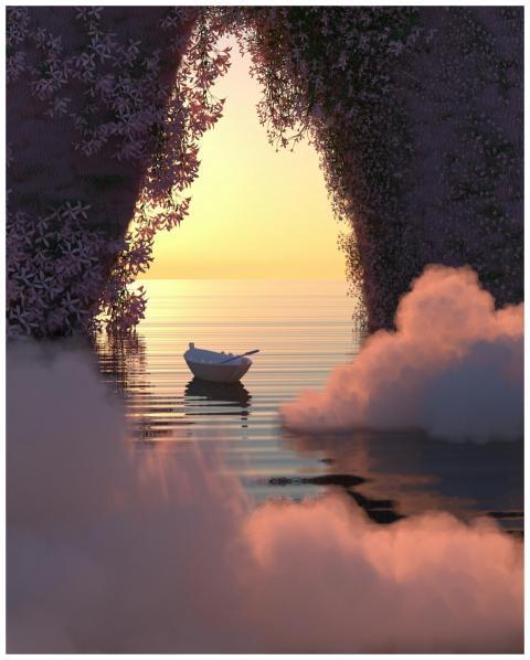 Surreal seascape featuring a small boat, pink clou